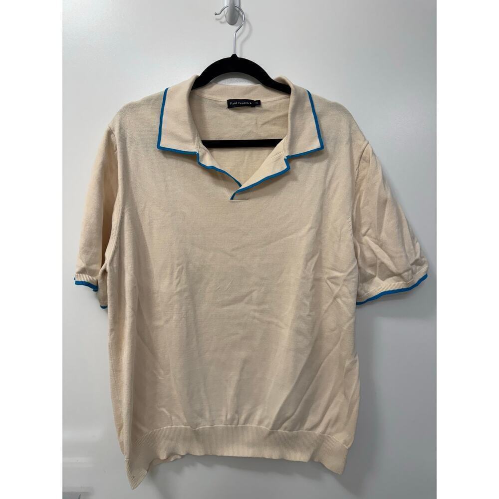 Paul Fredrick Men's Size XL Supima Cotton Cream Blue Trim Short Sleeve Polo